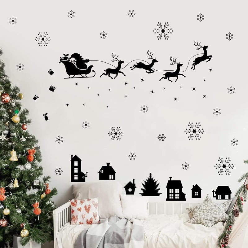 Kasubeso Merry Christmas Wall Decal Black Santa Reindeer Snowflake Window Clings Wall Stickers Removable Xmas Vinyl Wall Decor for Holiday Party Bedroom Office Living Room Home Decoration - Image 4